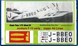 1/72 Classic Plane; Junkers F - 13 Early Version Japan Air Lines J - Bbeo