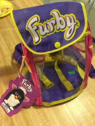 1998 Tiger Furby Clear Carry Along Backpack Case Pink Purple Yellow Bag