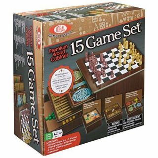 Ideal Game Classics 15 Game Set Wood Cabinet Chess Backgammon Parcheesi Mancala