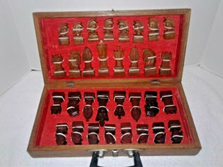 Wooden Hand Carved Chess Set With Folding Travel Case / Chess Board