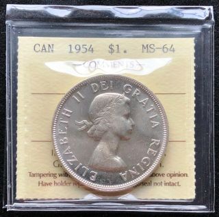 1954 Canada Silver $1 Dollar Coin Iccs Graded Ms - 64 Great Detail