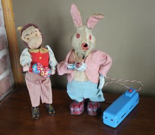 Vintage 1950s Japan Wind Up Battery Mechanical Toys Monkey Smoking Bunny Rabbit