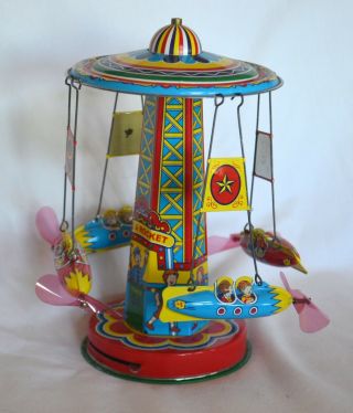 Retro Schylling Wind - Up Tin Type Toy Amusement Park 8 " Rocket Ride Carousel