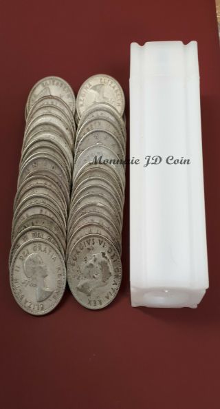 1966 And Below Canada 40 X 25 Cents 80 Silver Coin Mixed Circulated Tube Roll