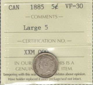 1885 Large 5 Five Cents Silver Iccs Vf - 30 Scarce Date Victoria 5¢