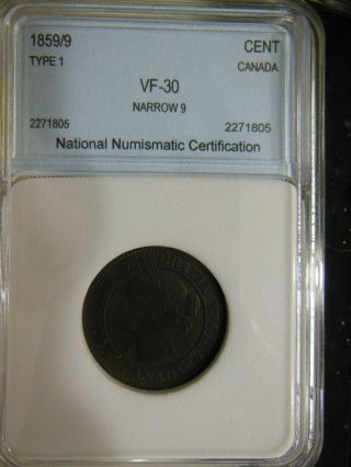 Canada - 1859/9 Large Cent - Narrow 9 - Vf Type 1 - High Cat.