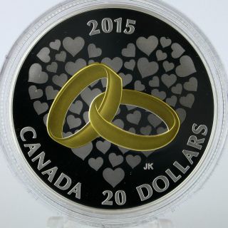 2015 Canada $20 Dollars 9999 Silver & Gold Wedding Rings & Hearts Coin Proof