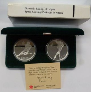 1988 Calgary Olympics Silver Proof 2 Coin Set Skater Downhill Skiing Ogp