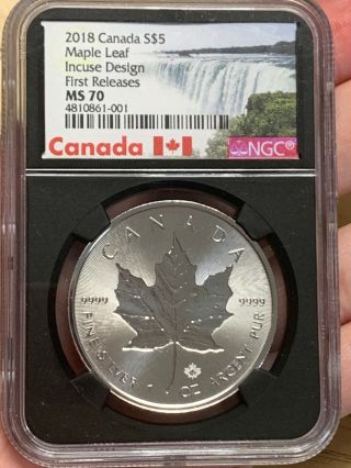 2018 Canada 1 Oz Silver Maple Leaf Incuse $5 Ngc Ms70 Fr Black Core 4810861 - 001