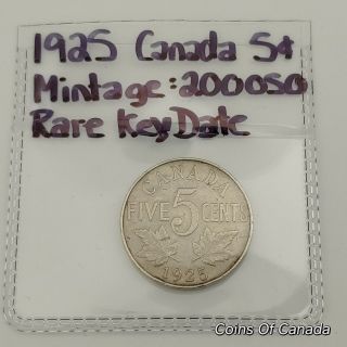 1925 Canada 5 Cents Coin - Key Date Coin Low Mintage Coinsofcanada