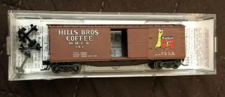 Microtrains N Scale Hills Bros Coffee 40’ Double Sheathed Wood Box Car