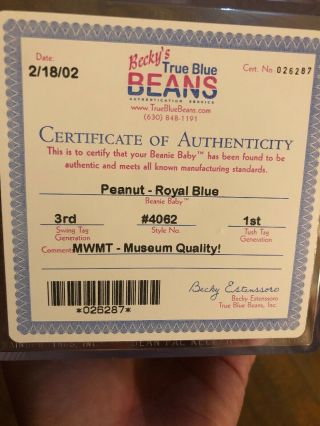 Authenticated Ty Beanie Baby Peanut The Royal Blue Elephant 3rd Ht/ 1st Tush