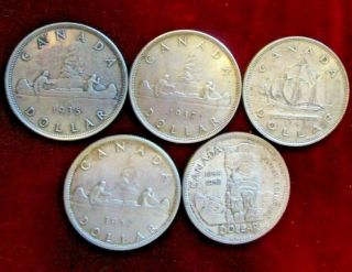 5 Canada Silver Dollars 1935,  37,  49,  57 And 1958