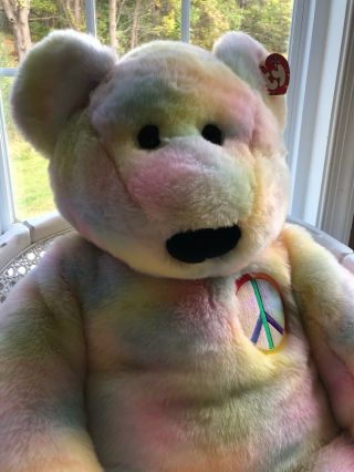 Ty Jumbo Beanie Buddy Peace Bear Beanie Baby 1999 Pastel Rare W/tag