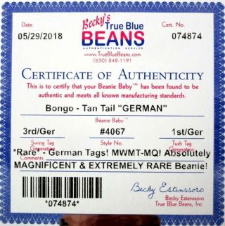 Authenticated Ty GERMAN 3rd / 1st Gen BONGO Tan Tail MWMT MQ Magnificent & RARE 2