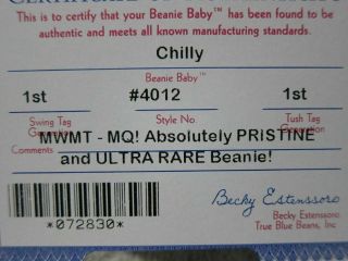 Authenticated Chilly 1st gen hang & tush tags Ty beanie baby MWMT MQ.  perfect 2