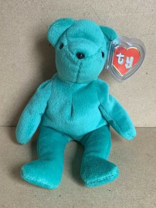 Authentic Ty Beanie Baby Old Face Teal Teddy 1st Gen.  Tush Tag Euc