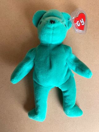 Authentic TY BEANIE BABY Old Face Teal Teddy 1st GEN.  TUSH Tag EUC 2