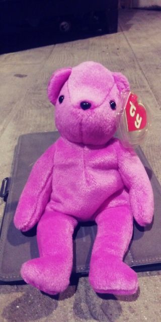 Ty Beanie Baby Old Face Teddy Magenta 1st Generation Retired