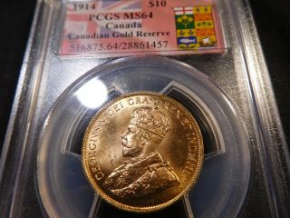 B3 Canada 1914 Gold 10 Dollars Canadian Gold Reserve Pcgs Ms - 64