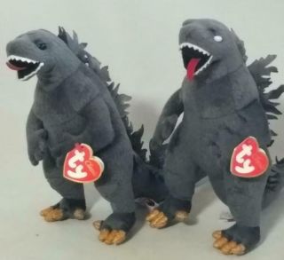 Godzilla Set Of 2 Ty Classic Beanie Babies Black & White Eyes 2001 Japan Retired
