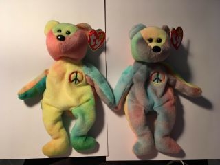 (2) Rare Ty Beanie Baby Peace 1996 - With Tags Attached.