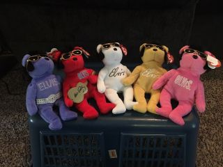 Elvis Ty Beanie Babies Set Of 5 Pink,  White,  Gold,  Red & Purple