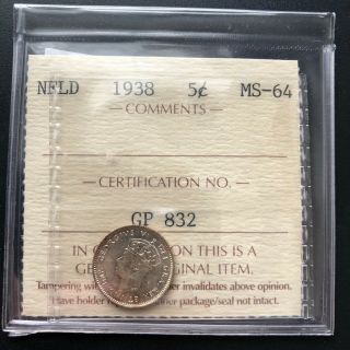 1938 Newfoundland Silver 5 Cents Coin Iccs Graded Ms - 64 Trends At $600