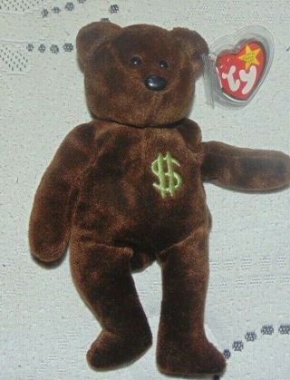 Authentic Ty Beanie Baby Billionaire Bear 1 Money Sign Light Green
