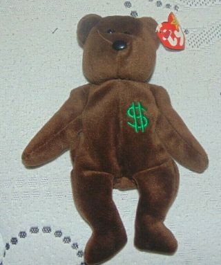 Authentic Ty Beanie Baby Billionaire Bear 1 Money Sign Dark Green