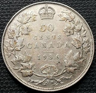 1936 Canada Silver 50 Cent Half Dollar - Key Date Vf - 20/30