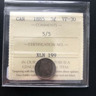 1885 Canada Silver 5 Cents Coin Iccs Graded Vf - 30,  Small 5/5 Trends At $650