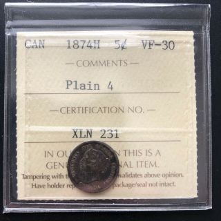 1874h Canada Silver 5 Cents Coin Iccs Graded Vf - 30,  Plain 4 Trends At $215