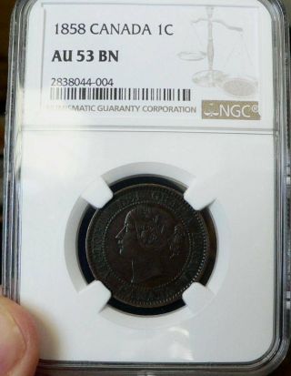 1858 Canada Large Cent Ngc Au53 Key Date Coin With Partial Die Rotation.