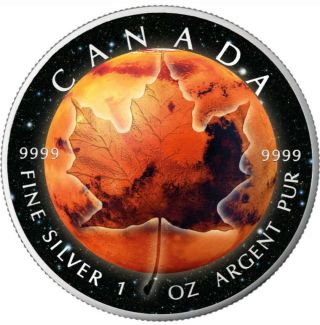 2018 Canada Maple Leaf Mars Space Colorized 1oz.  9999 Silver Coin - Box &