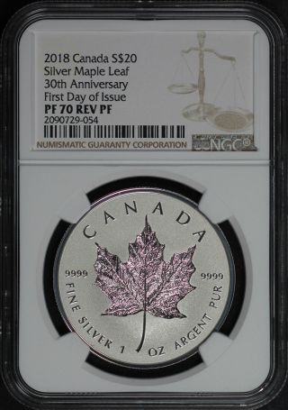 2018 Canada $20 Silver Incuse Maple Leaf 30th Ann Ngc Rev Pf - 70 Fdoi - 183954