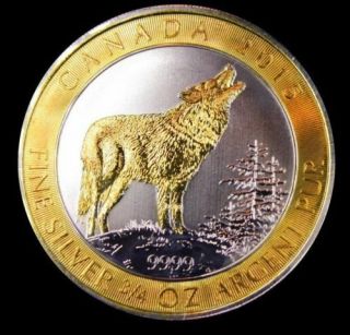 Canada 2015 Grey Wolf (3/4 Oz) Silver Canadian 24 Karat Gold Gilded Edition