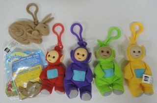 1999 Set/5 Teletubbies Plush Doll Keychains - Burger King Kids Club Meals Toys