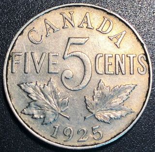1925 Canada 5 Cents Nickel Vf Key Date Coin