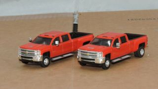 Dcp/greenlight (2) Red Chevrolet 3500 Crew Cab Dually Pick Up Truck 1/64