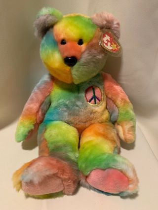 1999 Ty Beanie Buddy Plush Peace Bear Tye Die Stuffed Teddy Vintage Pristine