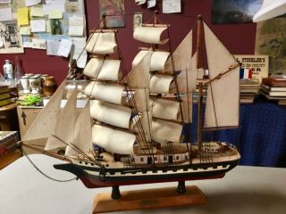 Vtg “belem” Sailing Ship Wood Model,  Large 17 1/2” X 21” All Wood/cloth Sails