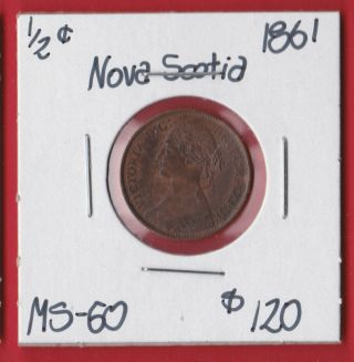 1861 Nova Scotia Canada Half Cent Coin 6390 State Ms - 60 $120
