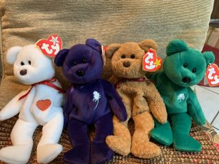 Beanie Babies Bears Princess Diana,  Valentino,  Curly,  Erin