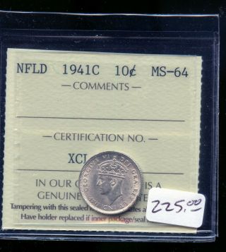 1941 C Newfoundland 10 Cents Iccs Certified Ms64 A994