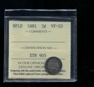 1881 Newfoundland 5 Cents Iccs Certified Vf20 Books: 275.  00 A347