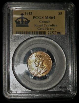 1913 Canada Five Dollar $5 Gold Coin Pcgs Graded Ms - 64 Rcm Gold Hoard Piece