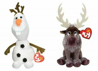 Set Of 2 Ty Beanie Baby 6 " Sven Reindeer & Olaf Snowman Disney Frozen Plush Mwmt