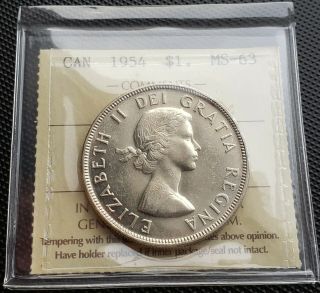 1954 Canada Silver $1 Dollar Coin Iccs Graded Ms - 63