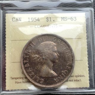 1954 Swl Canada Silver $1 Dollar Coin Iccs Graded Ms - 63,  Short Water Lines